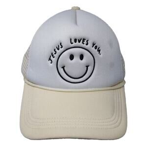 Jenessa Wait Trucker Hat Beige White One Size Jesus Loves You Smiley Face Cap